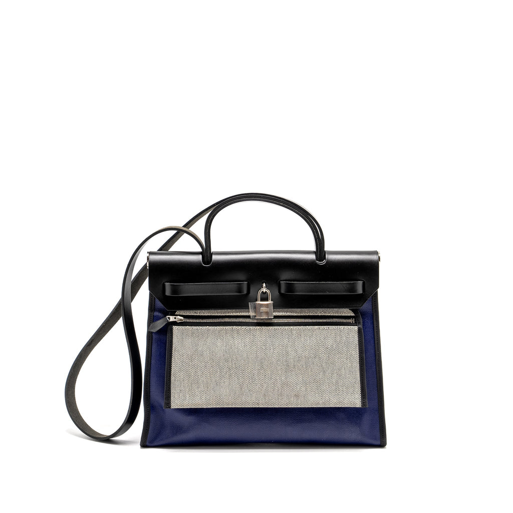 HERMES HERBAG 31 ZIP BAG TOLIE H BERLINE CANVAS/VACHE HUNTER BLUE ENCRE/BLACK SHW