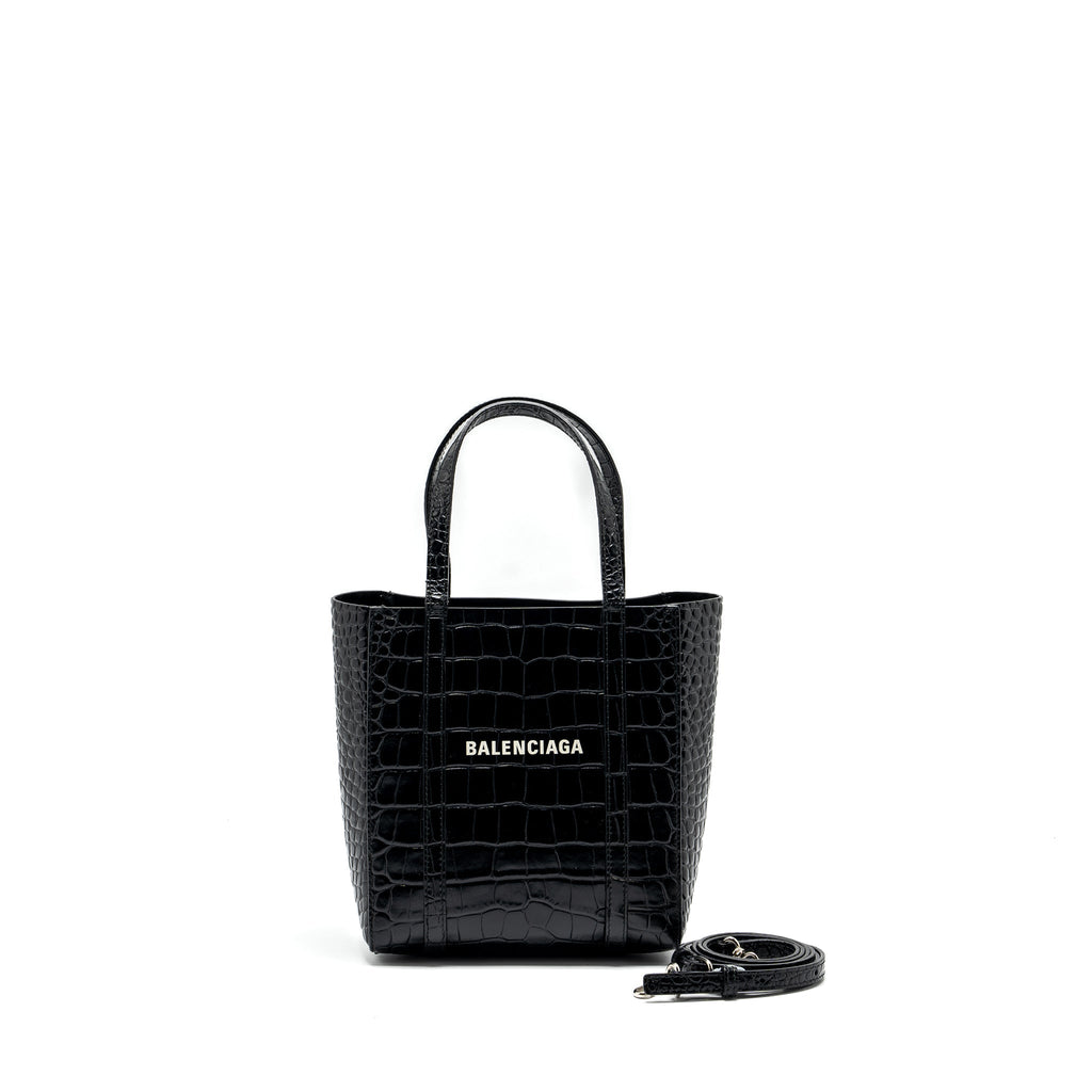 BALENCIAGA XXS EVERYDAY TOTE BAG CROC-EMBOSSED CALFSKIN BLACK SHW