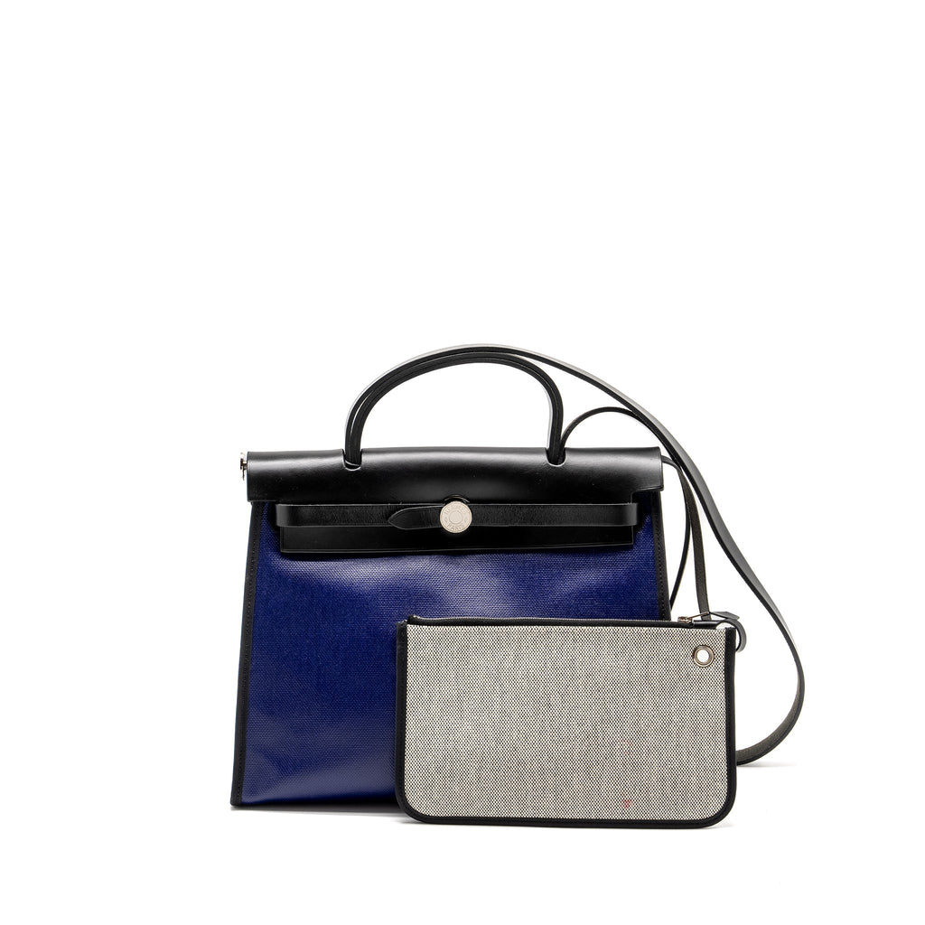 HERMES HERBAG 31 ZIP BAG TOLIE H BERLINE CANVAS/VACHE HUNTER BLUE ENCRE/BLACK SHW