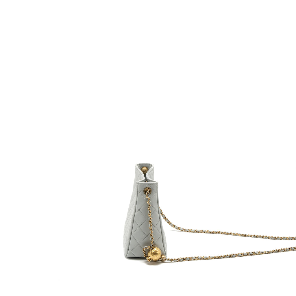 CHANEL PEARL CRUSH HOBO BAG LAMBSKIN LIGHT GREY BRUSHED GHW (MICROCHIP)