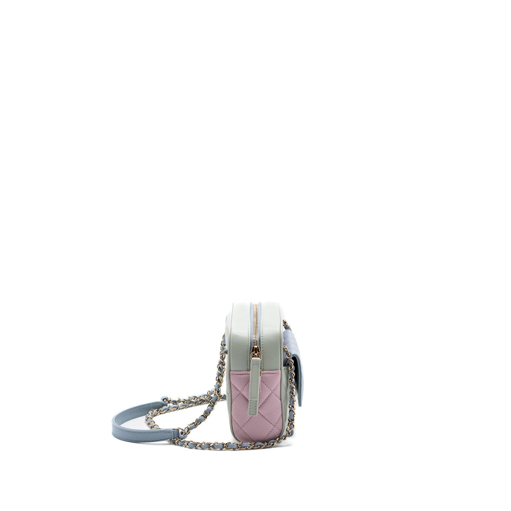 CHANEL SMALL CAMERA BAG GOATSKIN MULTICOLOR GREEN / BLUE / PINK LGHW