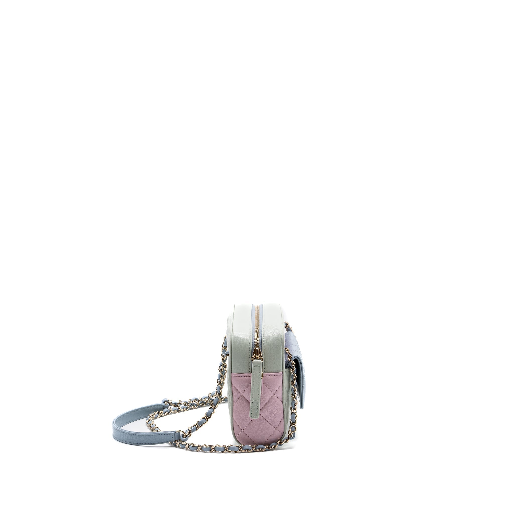 CHANEL SMALL CAMERA BAG GOATSKIN MULTICOLOR GREEN / BLUE / PINK LGHW
