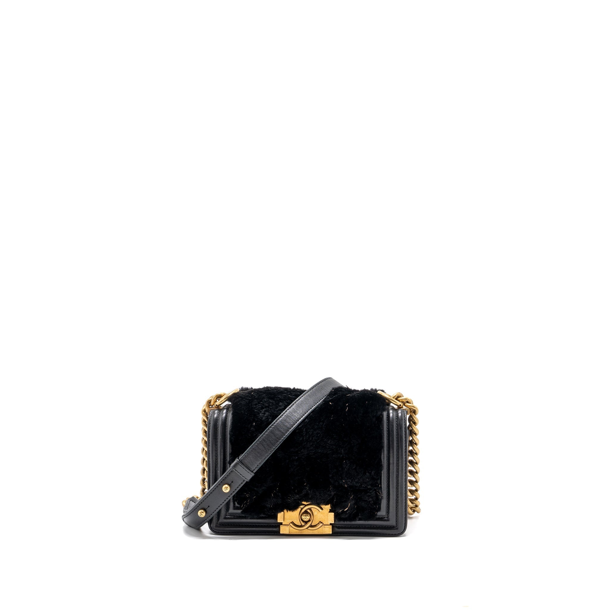 CHANEL SMALL BOY BAG RABBIT HAIR LIMITED EDITION LAMBSKIN BLACK GHW