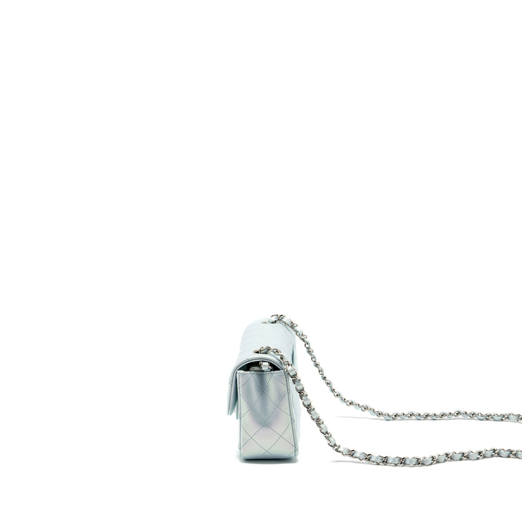 CHANEL 21K MINI RECTANGULAR FLAP BAG CALFSKIN IRIDESCENT LIGHT BLUE SHW (MICROCHIP)