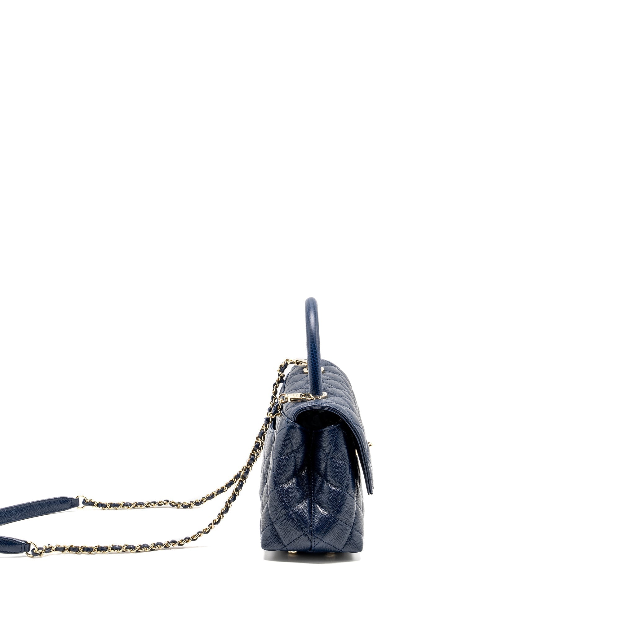 CHANEL SMALL COCO WITH LIZARD EMBOSSED HANDLE CAVIAR NAVY LGHW (MICROCHIP)