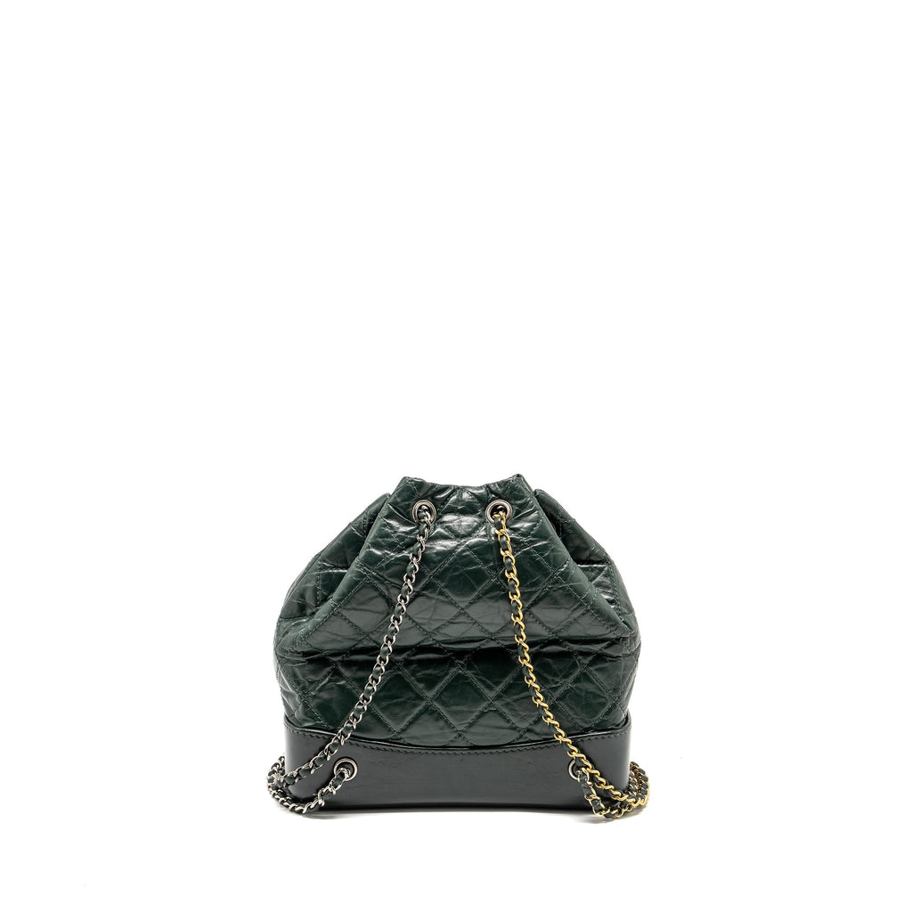 CHANEL SMALL GABRIELLE BACKPACK AGED CALFSKIN DARK GREEN MULTICOLOR HARDWARE