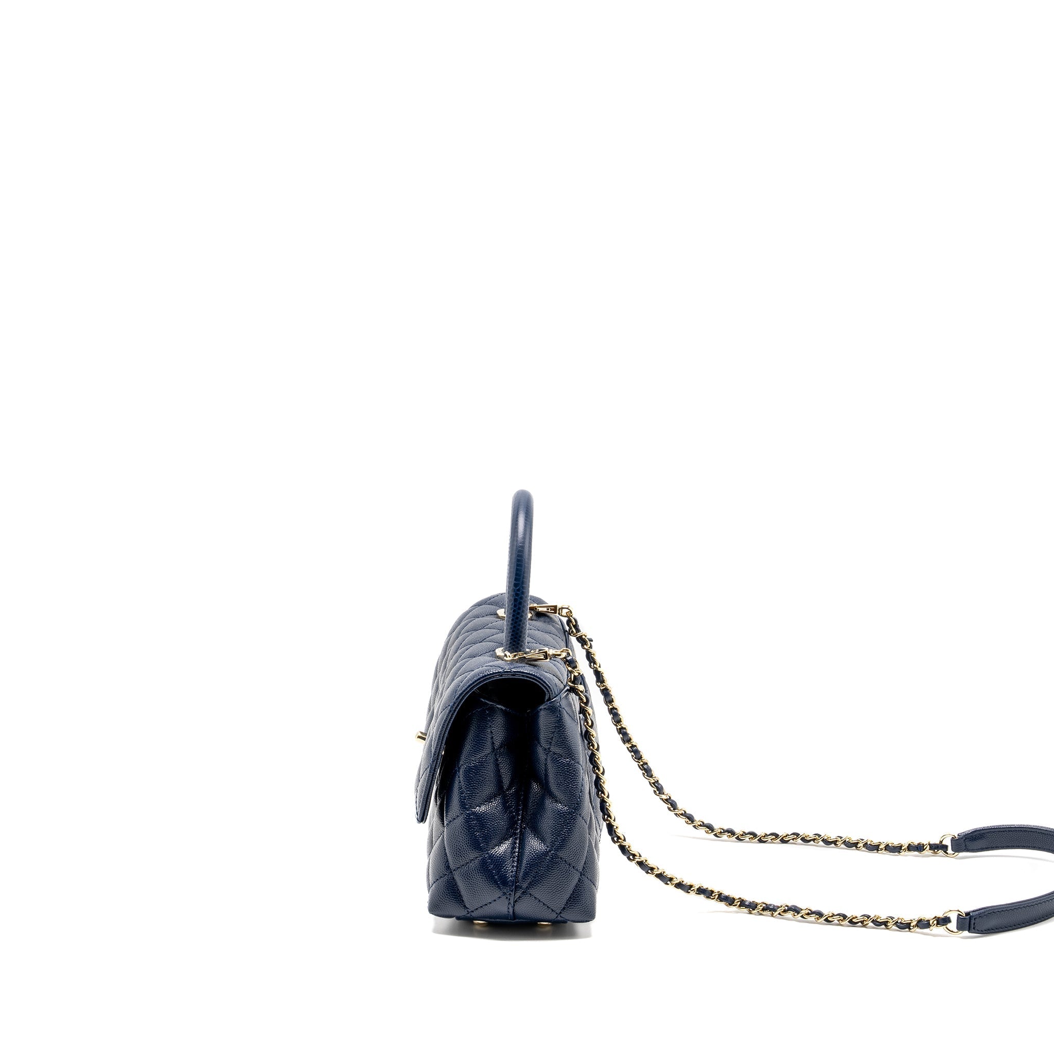 CHANEL SMALL COCO WITH LIZARD EMBOSSED HANDLE CAVIAR NAVY LGHW (MICROCHIP)