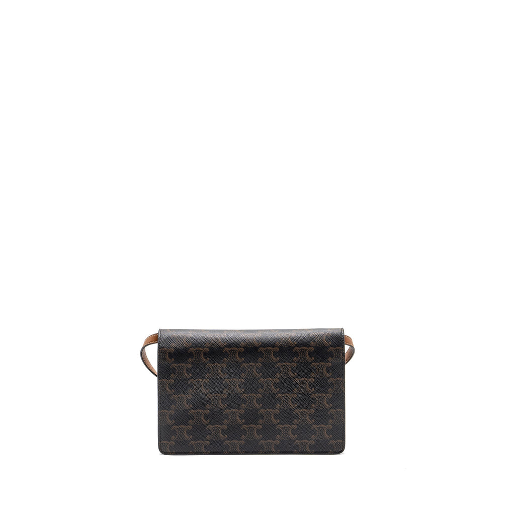 CELINE WALLET ON STRAP TRIOMPHE CANVAS/SMOOTH LAMBSKIN TAN GHW