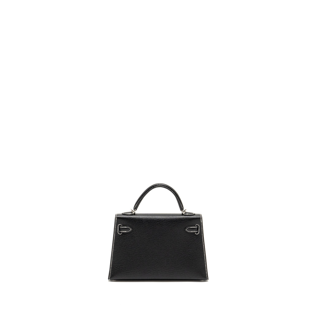 HERMES MINI KELLY II SPECIAL ORDER CHEVRE MYSORE BLACK / GRIS PERLE WHITE STITCHING SHW