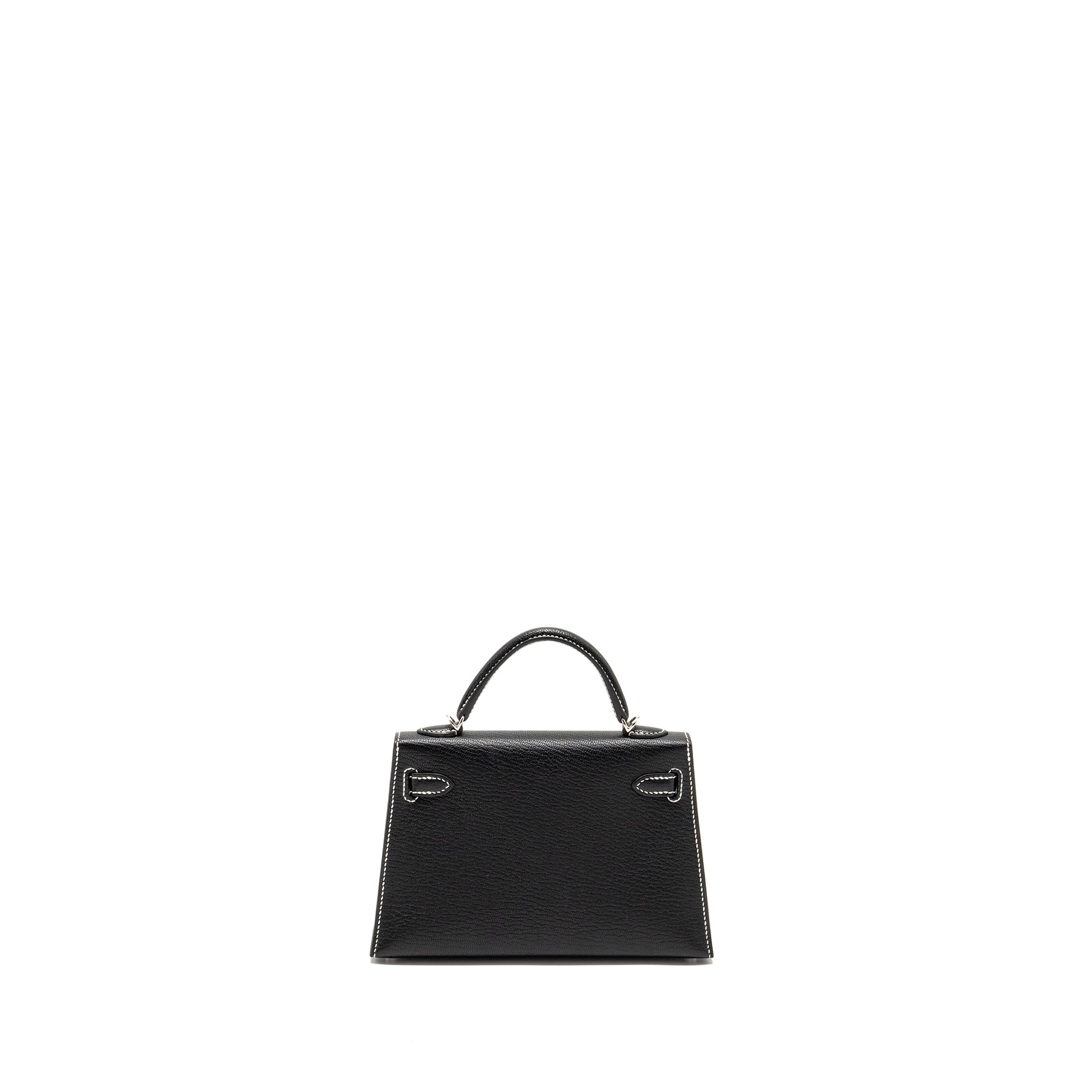 HERMES MINI KELLY II SPECIAL ORDER CHEVRE MYSORE BLACK / GRIS PERLE WHITE STITCHING SHW
