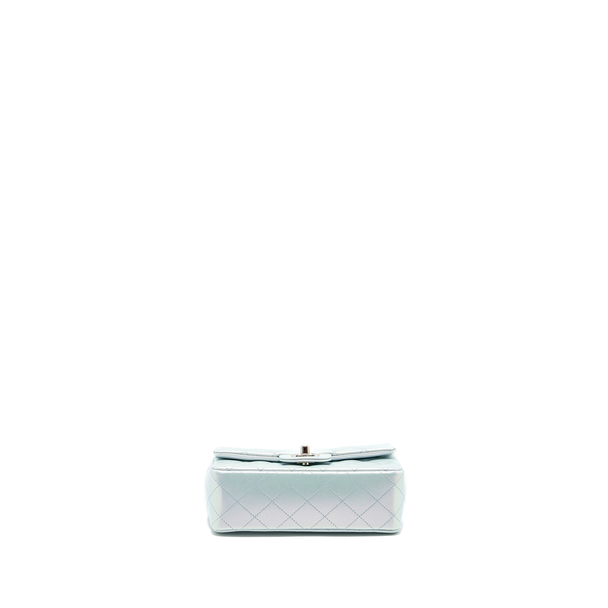 CHANEL 21K MINI RECTANGULAR FLAP BAG CALFSKIN IRIDESCENT LIGHT BLUE SHW (MICROCHIP)