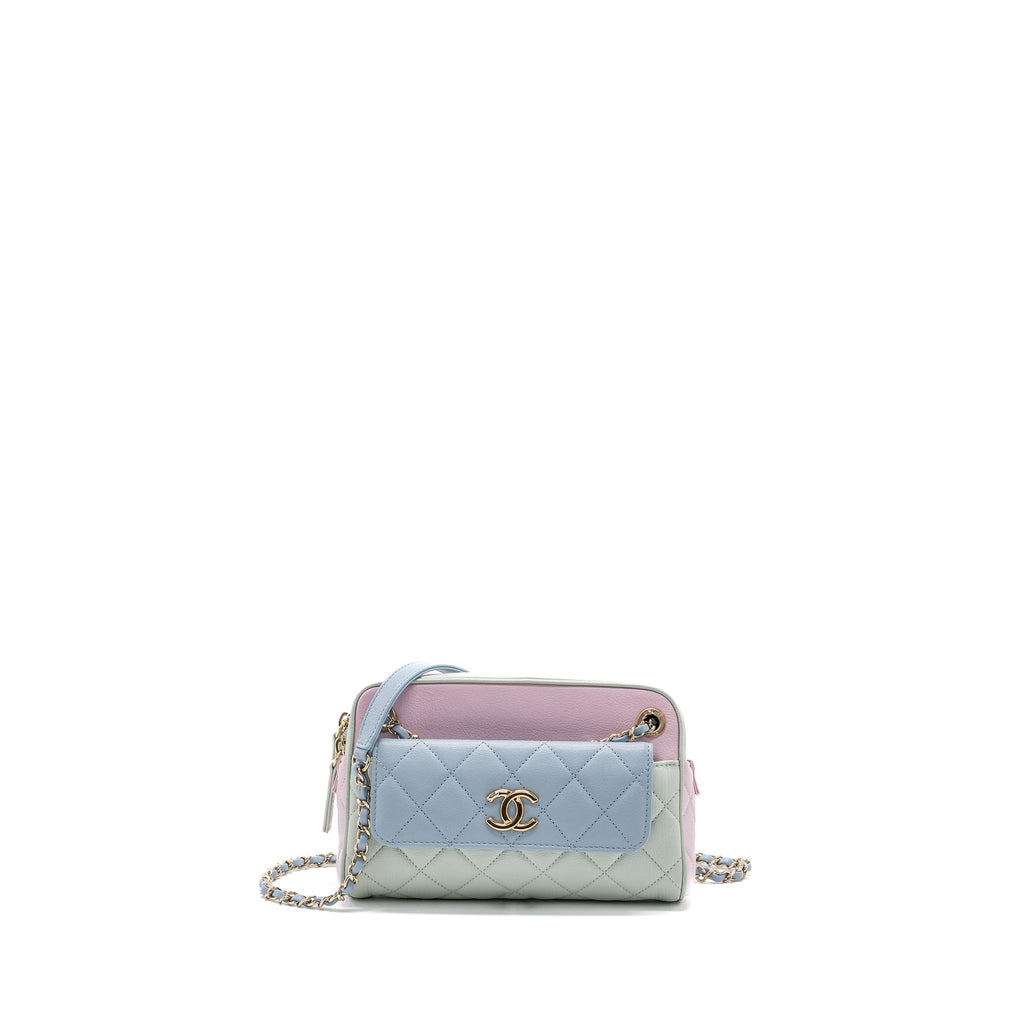 CHANEL SMALL CAMERA BAG GOATSKIN MULTICOLOR GREEN / BLUE / PINK LGHW