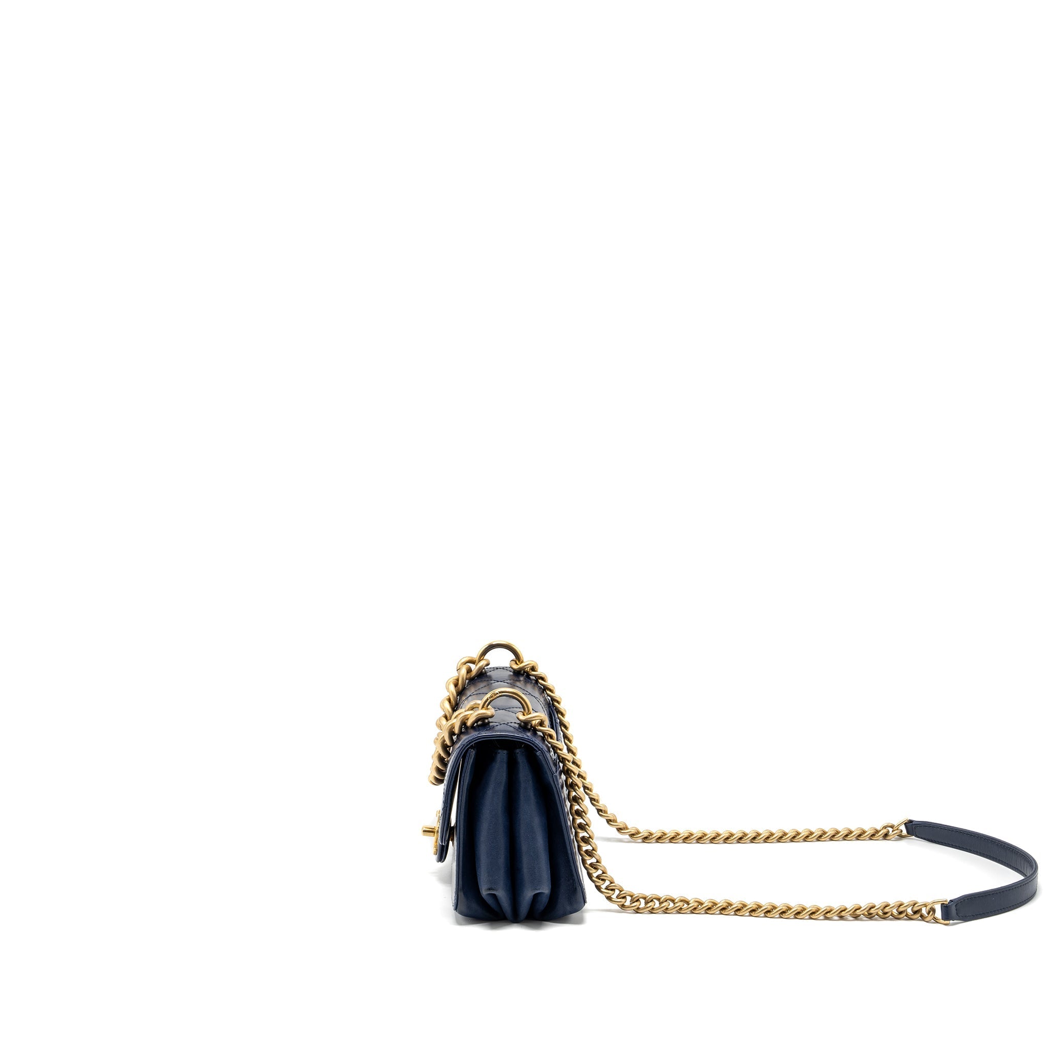 CHANEL QUILTED FLAP BAG WITH CHAIN HANDLE CALFSKIN DARK BLUE GHW