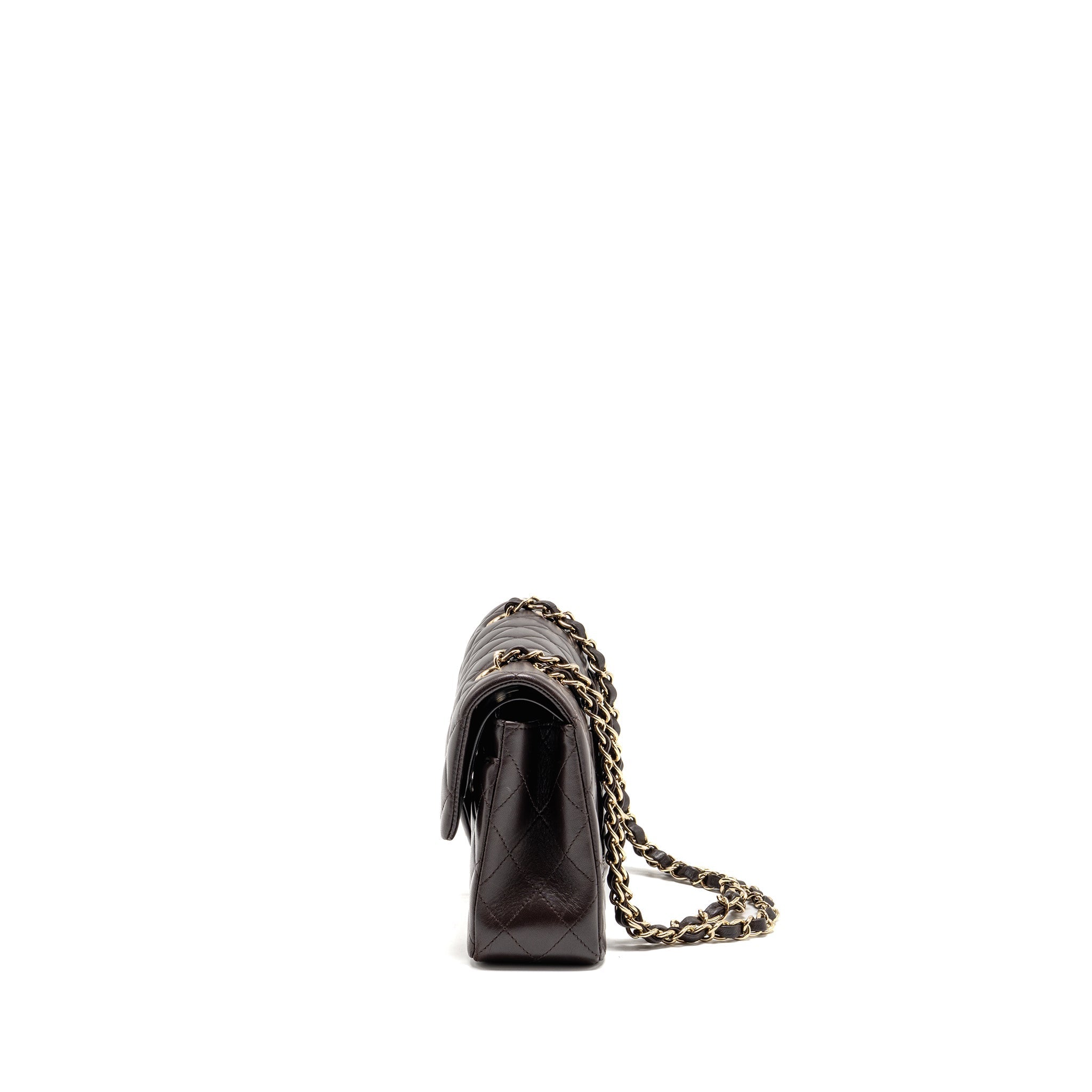 CHANEL SMALL CLASSIC DOUBLE FLAP BAG LAMBSKIN DARK BROWN LGHW (MICROCHIP)