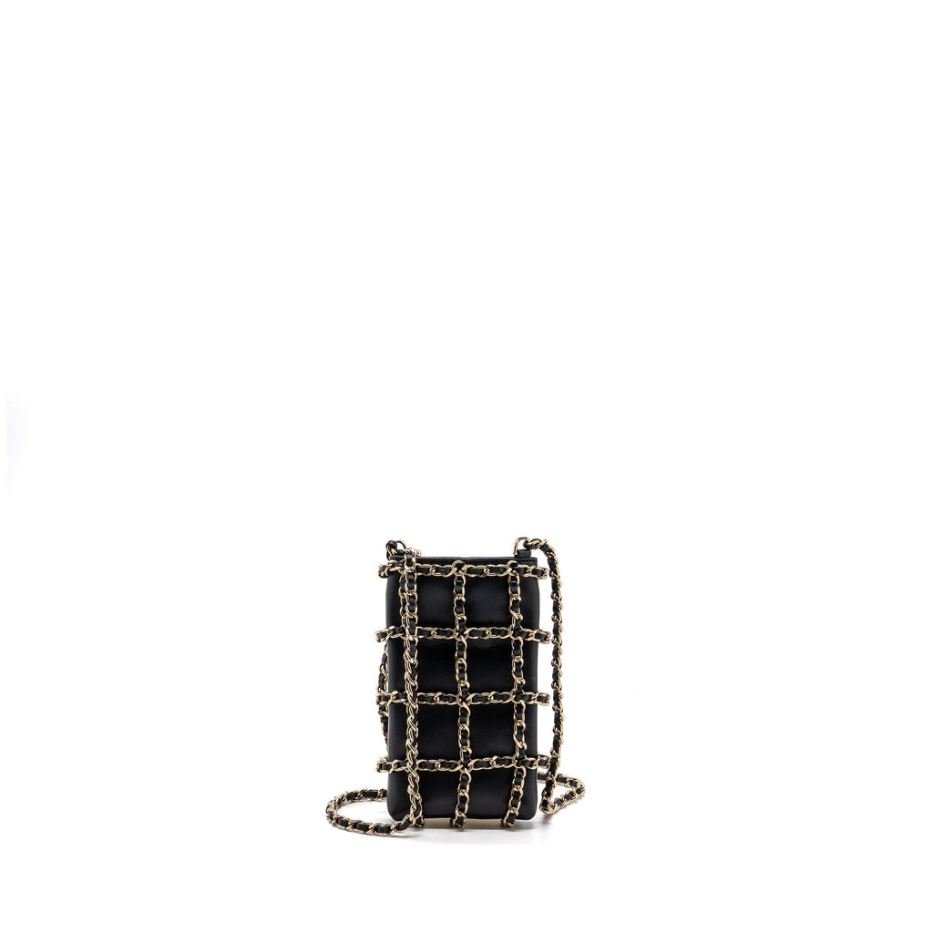 CHANEL GOLD CLUTCH O CHAIN PHONE HOLDER LAMBSKIN BLACK LGHW
