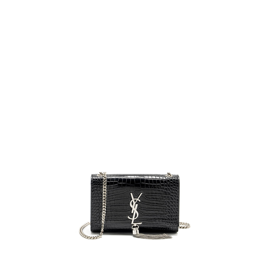 SAINT LAURENT /YSL KATE SMALL CHAIN WALLET WITH TASSEL IN CROCODILE-EMBOSSED BLACK SHW