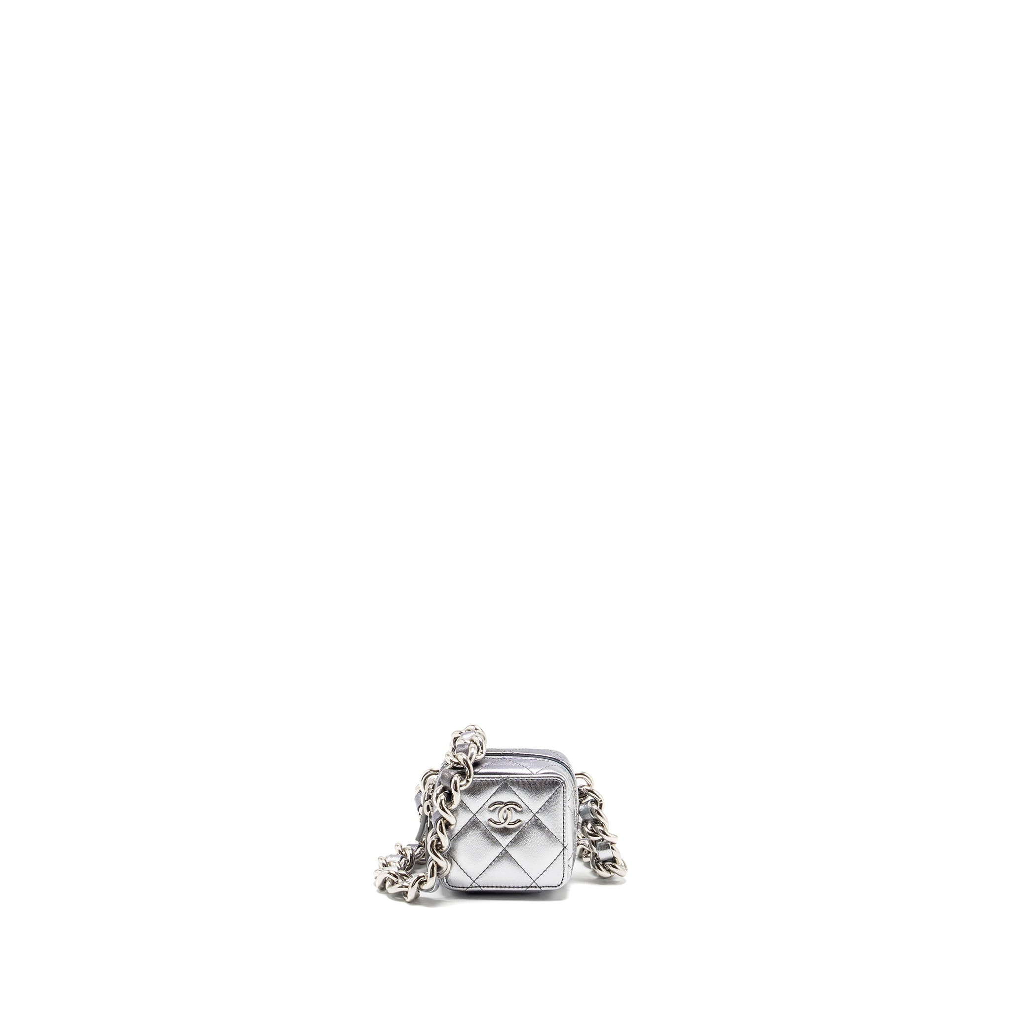 CHANEL MINI VANITY WITH GIANT CHAIN LAMBSKIN METALLIC GREY SHW