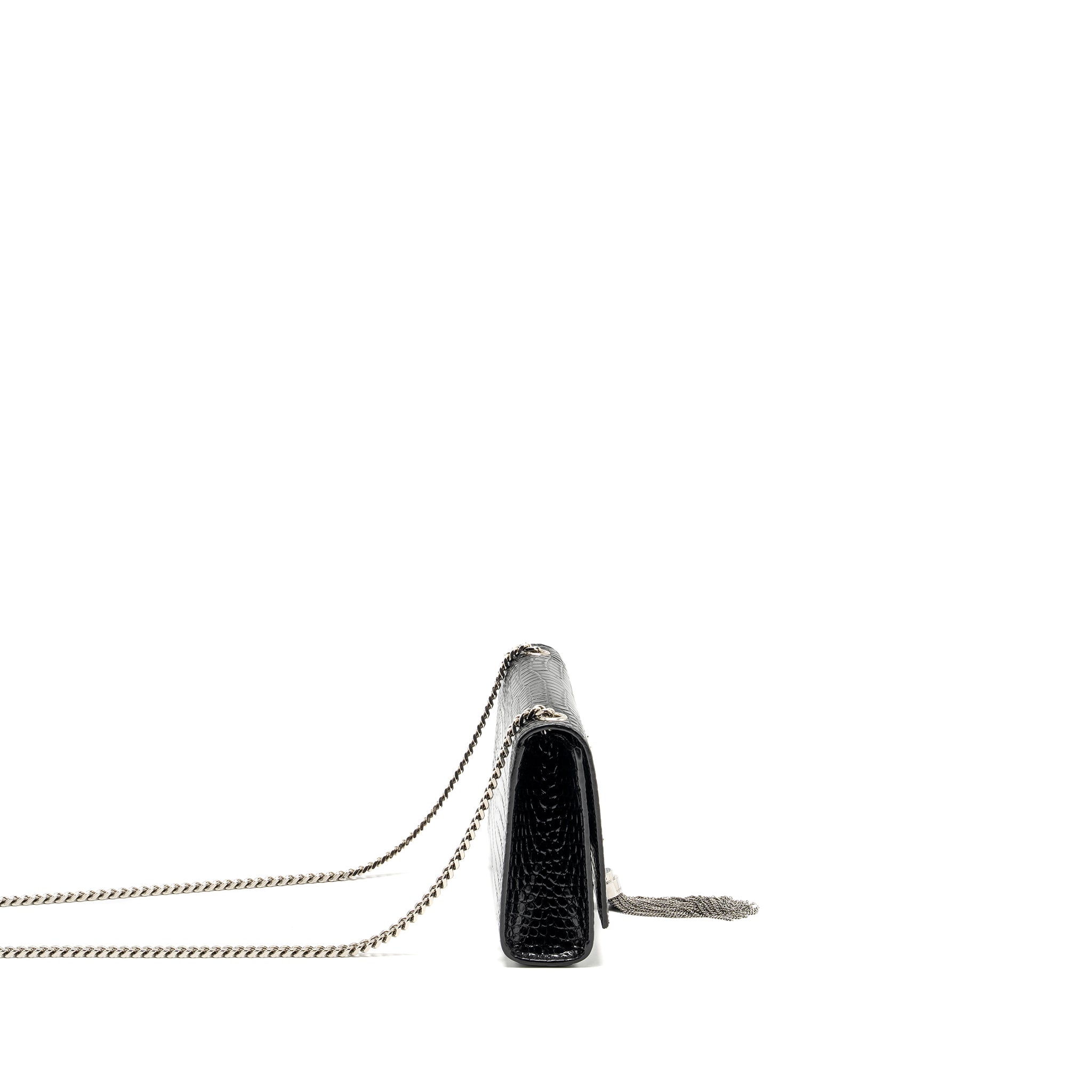 SAINT LAURENT /YSL KATE SMALL CHAIN WALLET WITH TASSEL IN CROCODILE-EMBOSSED BLACK SHW