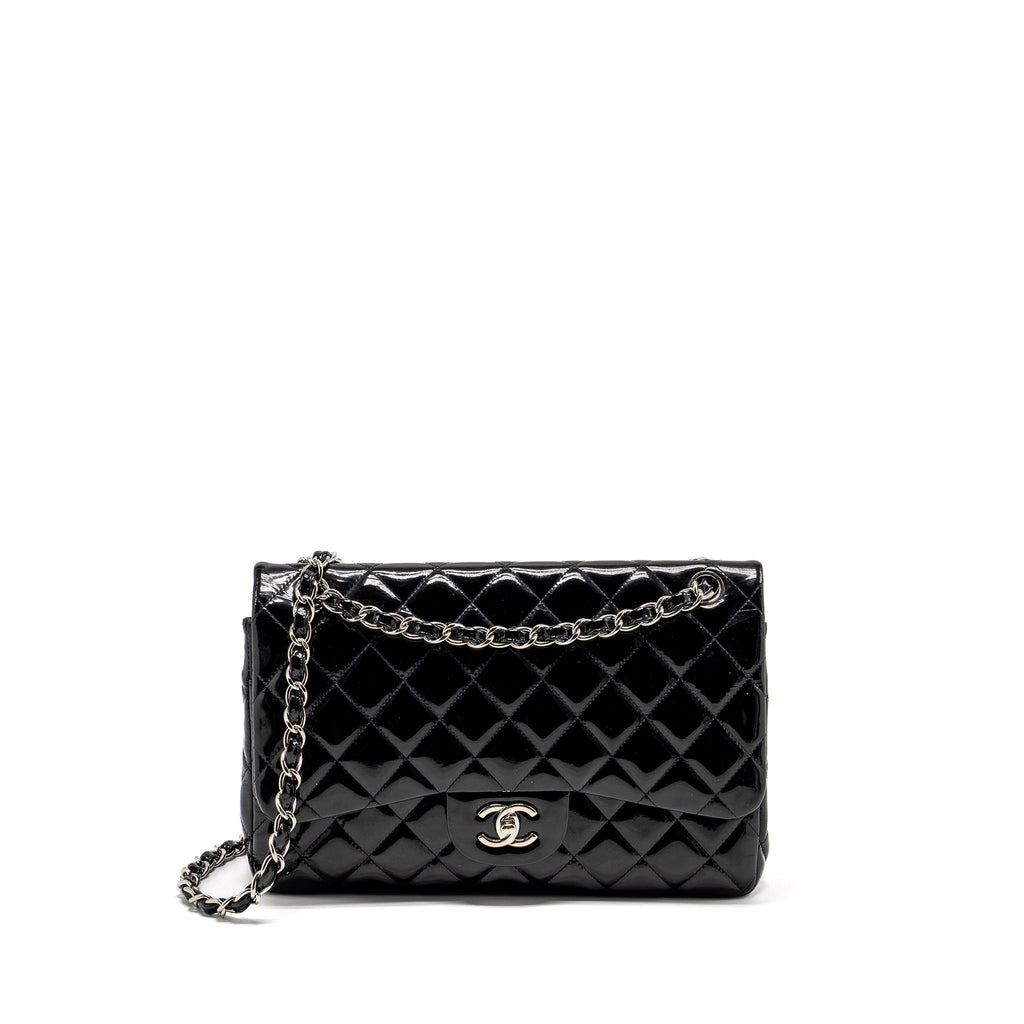 CHANEL JUMBO CLASSIC DOUBLE FLAP BAG PATENT BLACK SHW
