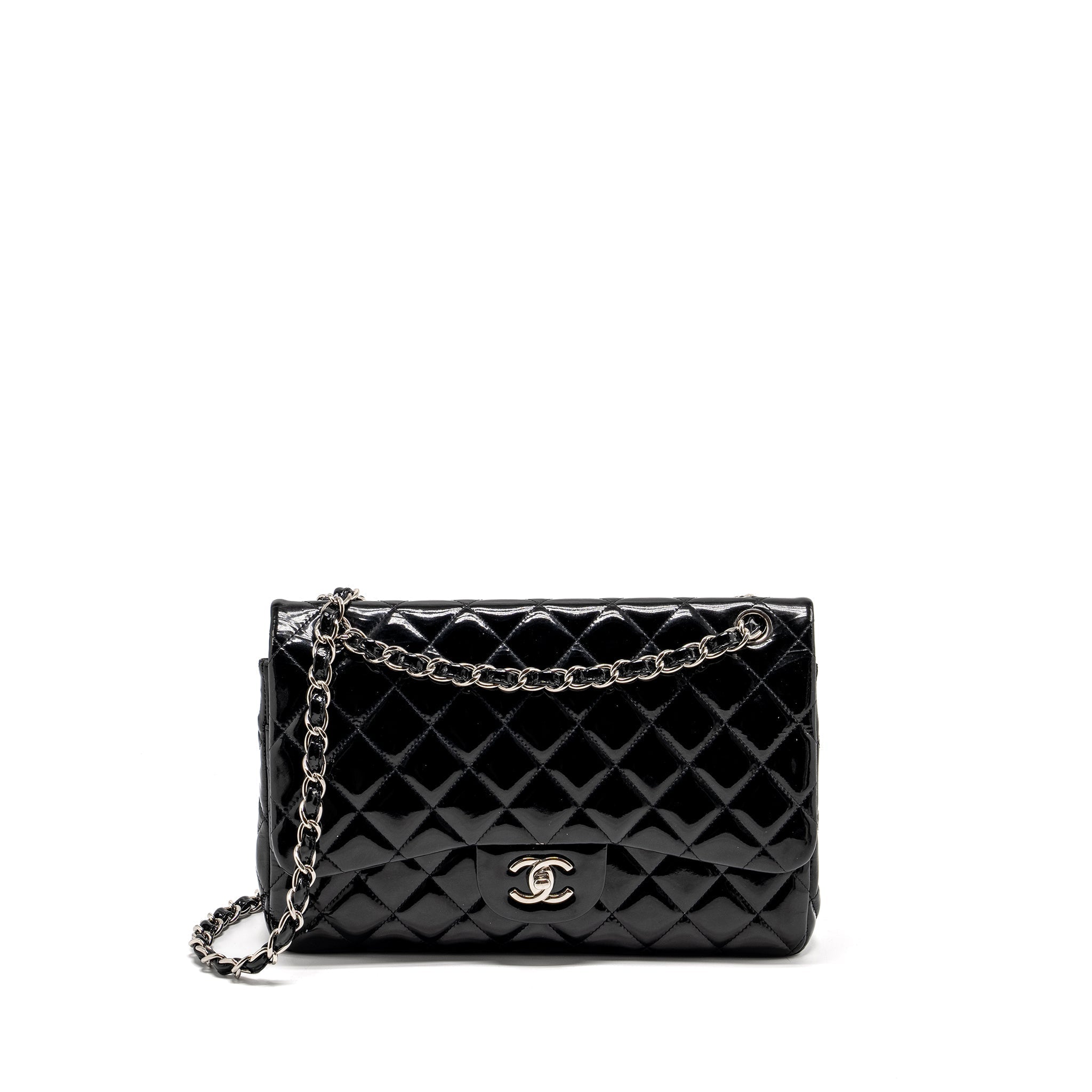 CHANEL JUMBO CLASSIC DOUBLE FLAP BAG PATENT BLACK SHW