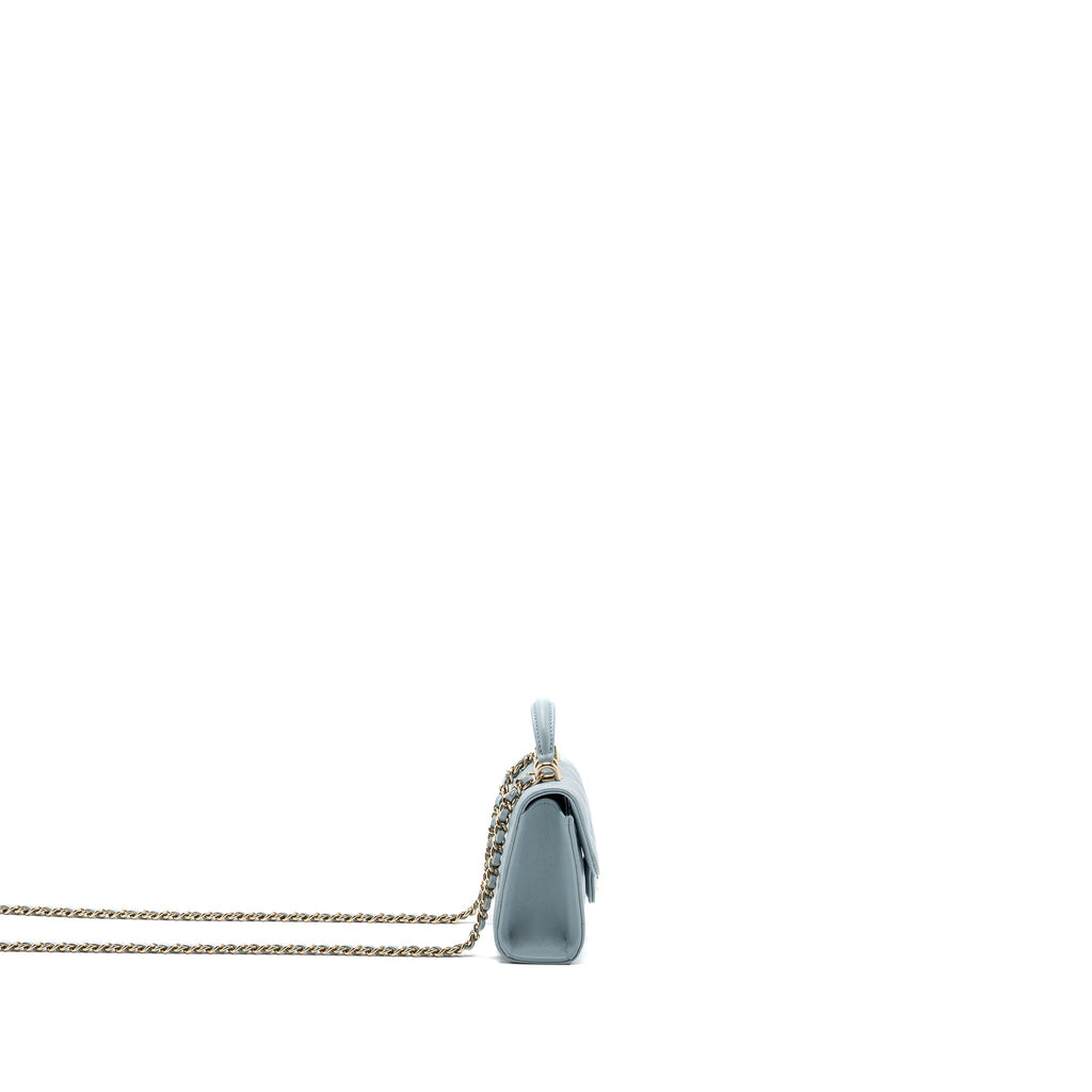 CHANEL TOP HANDLE MINI FLAP BAG LAMBSKIN LIGHT BLUE LGHW