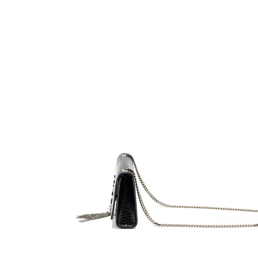 SAINT LAURENT /YSL KATE SMALL CHAIN WALLET WITH TASSEL IN CROCODILE-EMBOSSED BLACK SHW