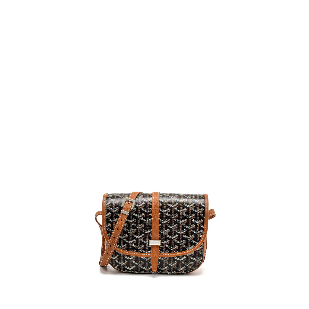 GOYARD BELVEDERE PM MESSENGER BAG GOYARDLINE CANVAS/CALFSKIN BLACK/TAN SHW