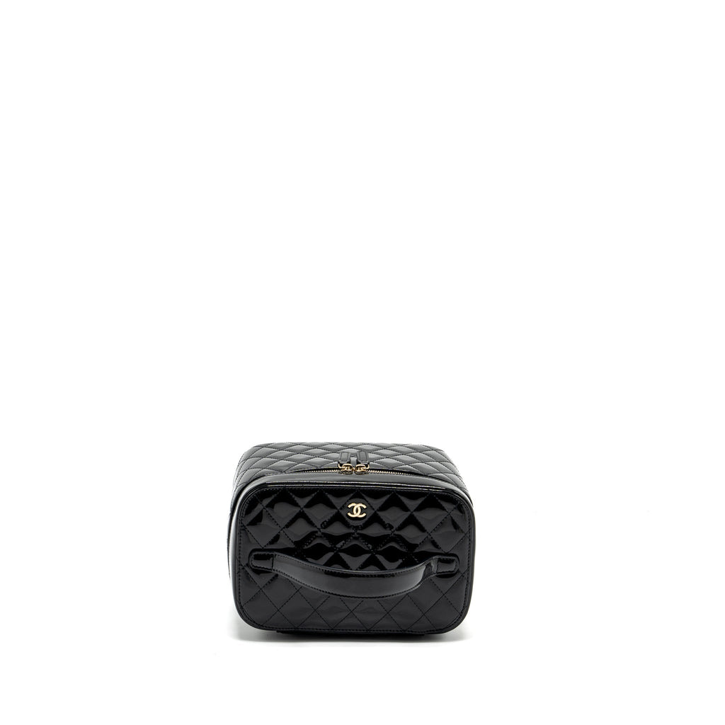 CHANEL TOP HANDLE VANITY CASE PATENT BLACK LGHW