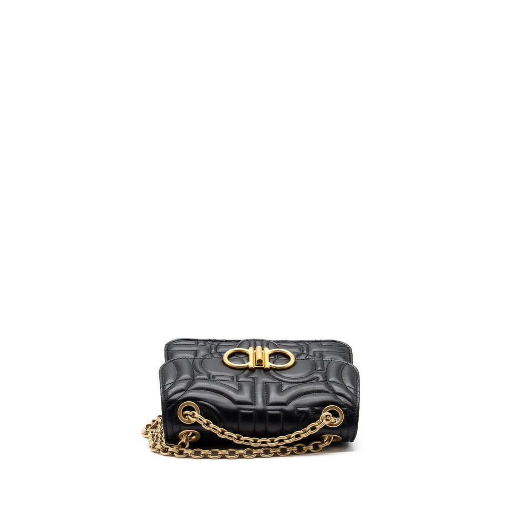 SALVATORE FERRAGAMO GLANCING QUILTED LEATHER SHOULDER BAG CALFSKIN BLACK GHW