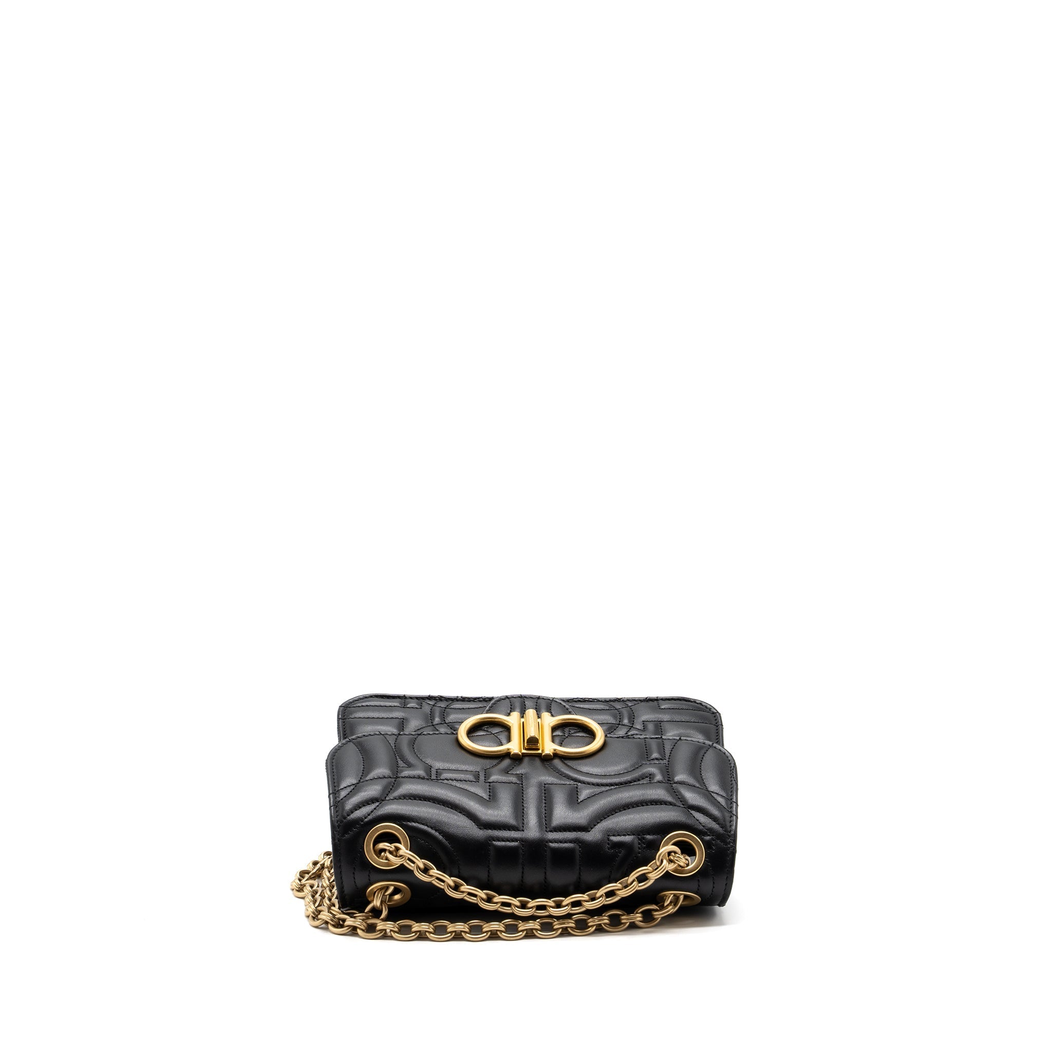 SALVATORE FERRAGAMO GLANCING QUILTED LEATHER SHOULDER BAG CALFSKIN BLACK GHW