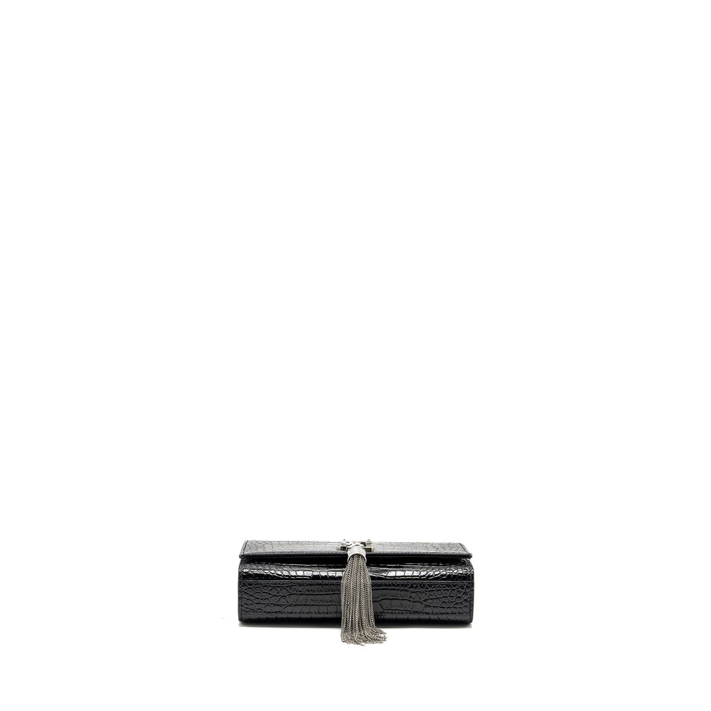 SAINT LAURENT /YSL KATE SMALL CHAIN WALLET WITH TASSEL IN CROCODILE-EMBOSSED BLACK SHW