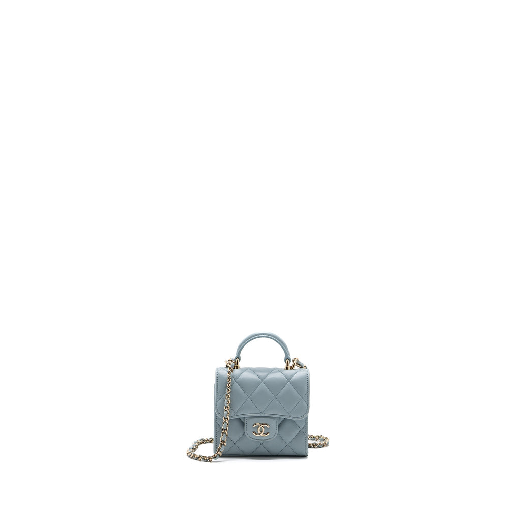CHANEL TOP HANDLE MINI FLAP BAG LAMBSKIN LIGHT BLUE LGHW