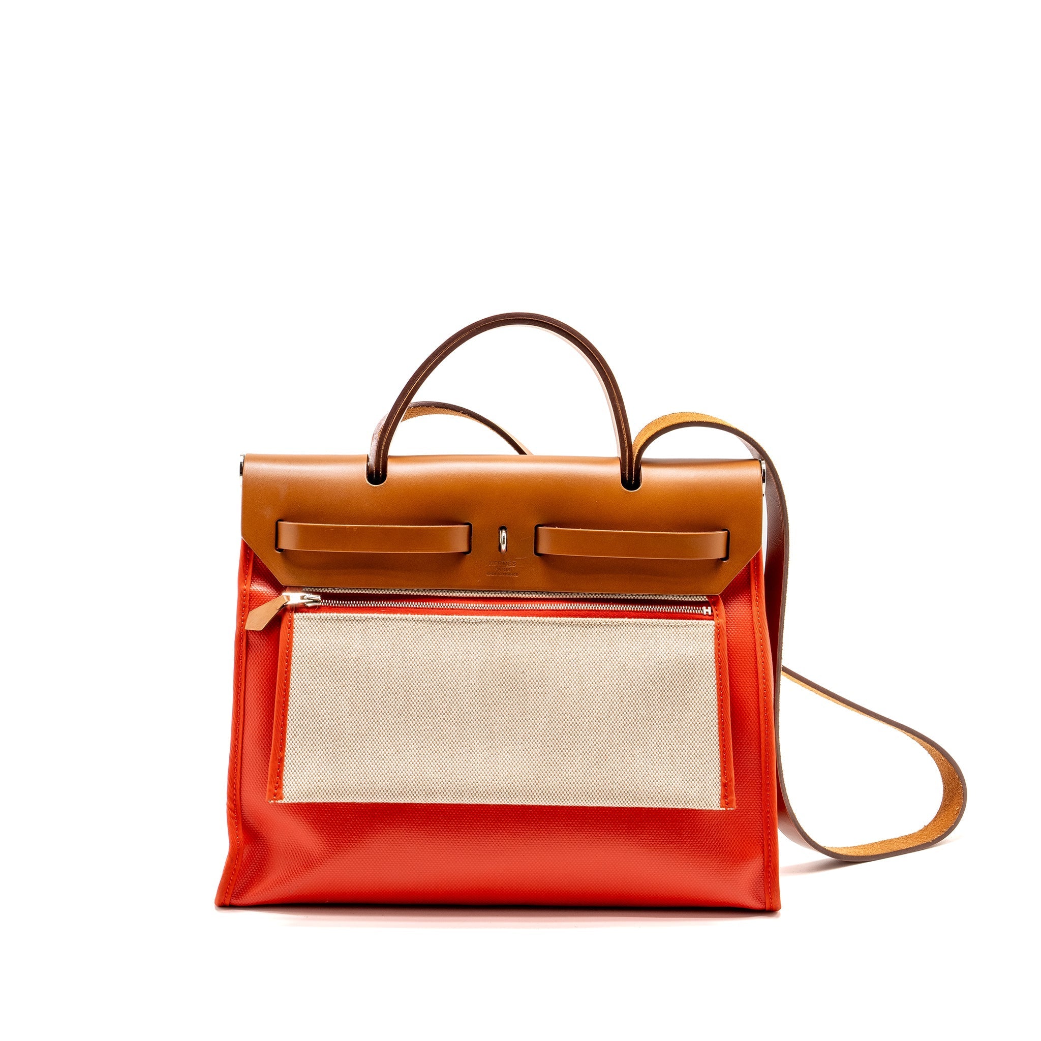 HERMES HERBAG 31 ZIP BAG TOILE H BERLINE CANVAS / HUNTER CAPUCINE-ECRU-BEIGE / FAUVE SHW