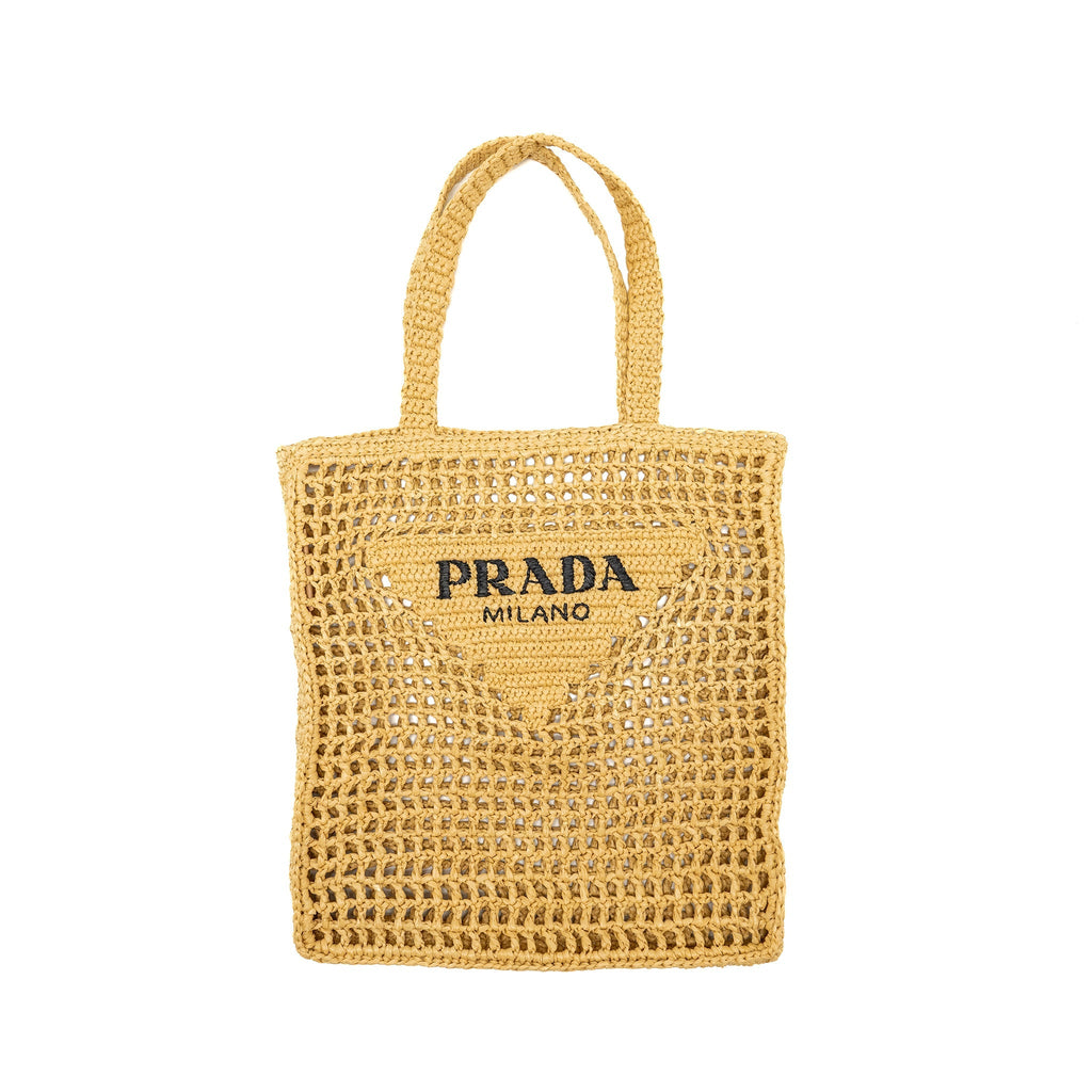 PRADA CROCHET TOTE BAG RAFFIA TAN