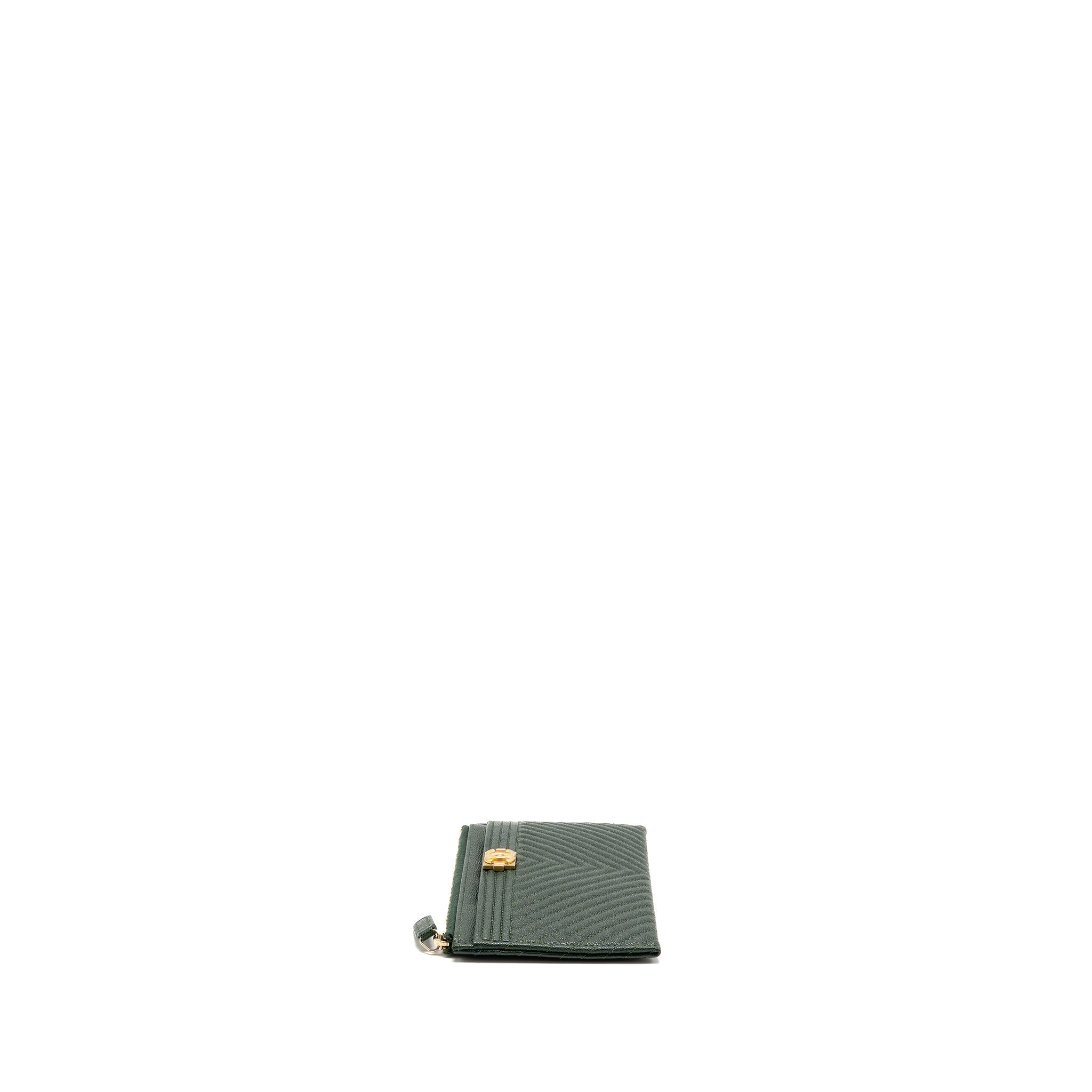 CHANEL CHEVRON BOY ZIP POUCH CAVIAR DARK GREEN GHW