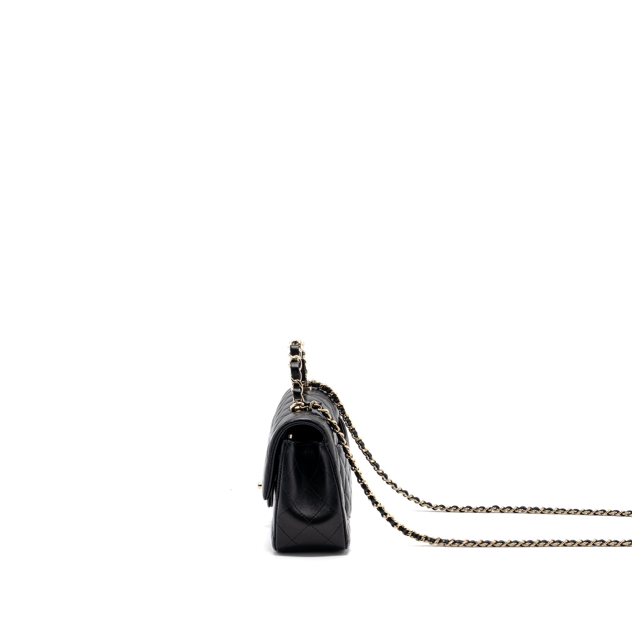 CHANEL 23K LEATHER CHAIN TOP HANDLE MINI RECTANGULAR FLAP BAG LAMBSKIN BLACK LGHW (MICROCHIP)