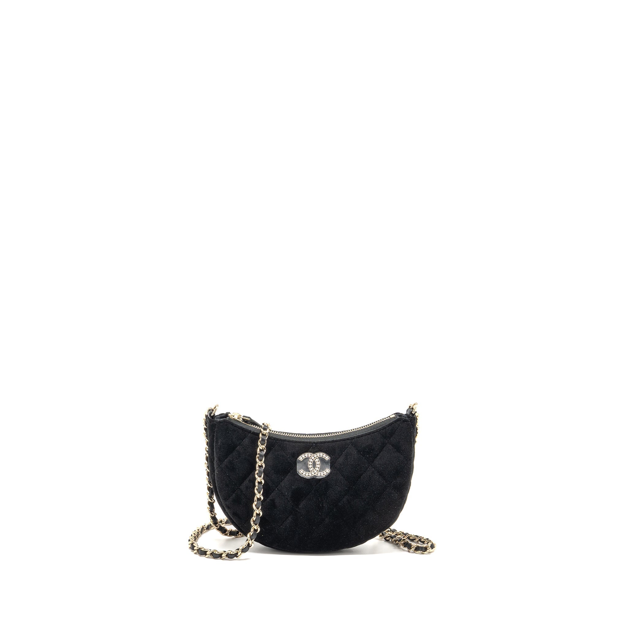 CHANEL QUILTED CRYSTAL MINI HOBO CROSSBODY BAG VELVET BLACK LGHW (MICROCHIP)