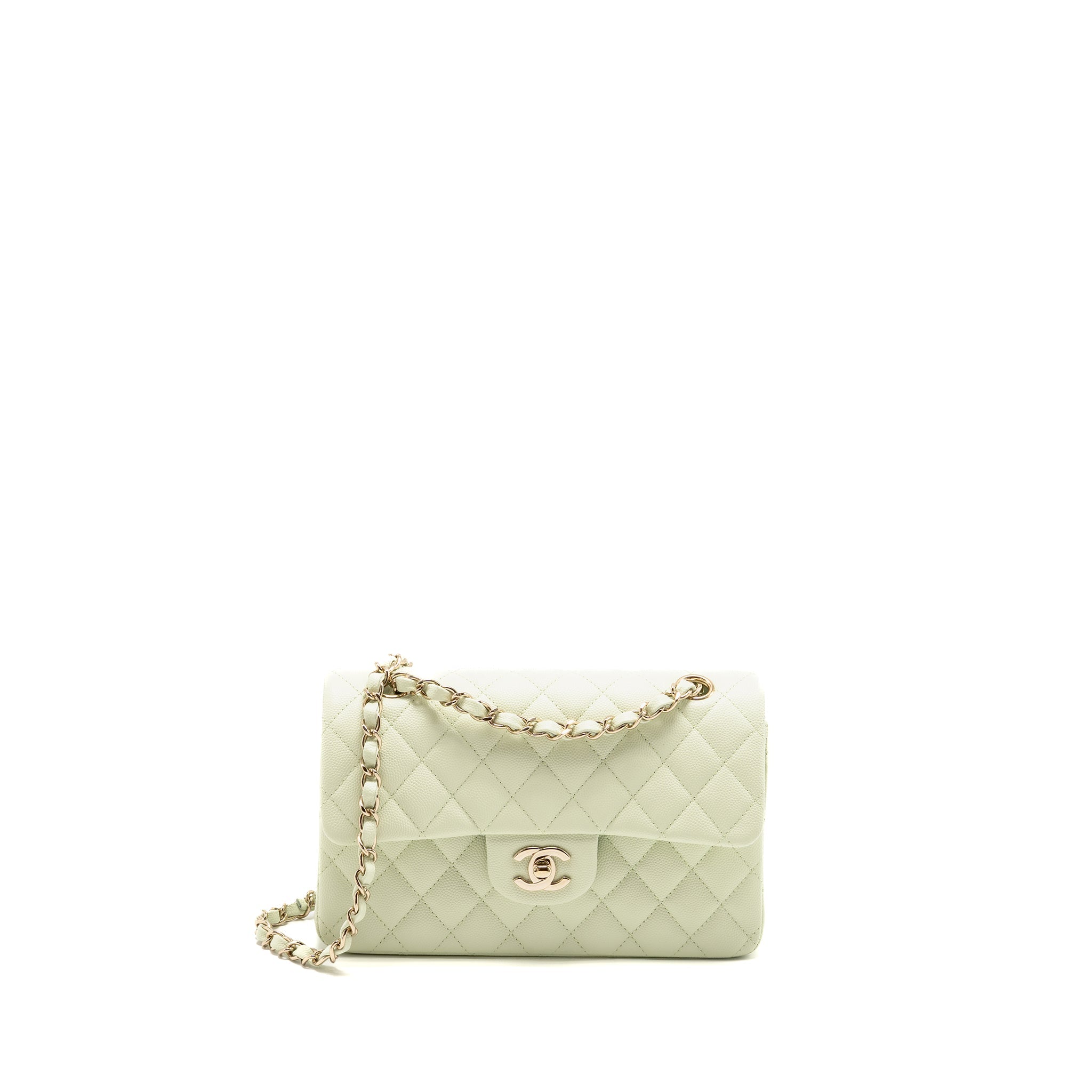 CHANEL SMALL CLASSIC DOUBLE FLAP BAG CAVIAR LIGHT GREEN LGHW (MICROCHIP)