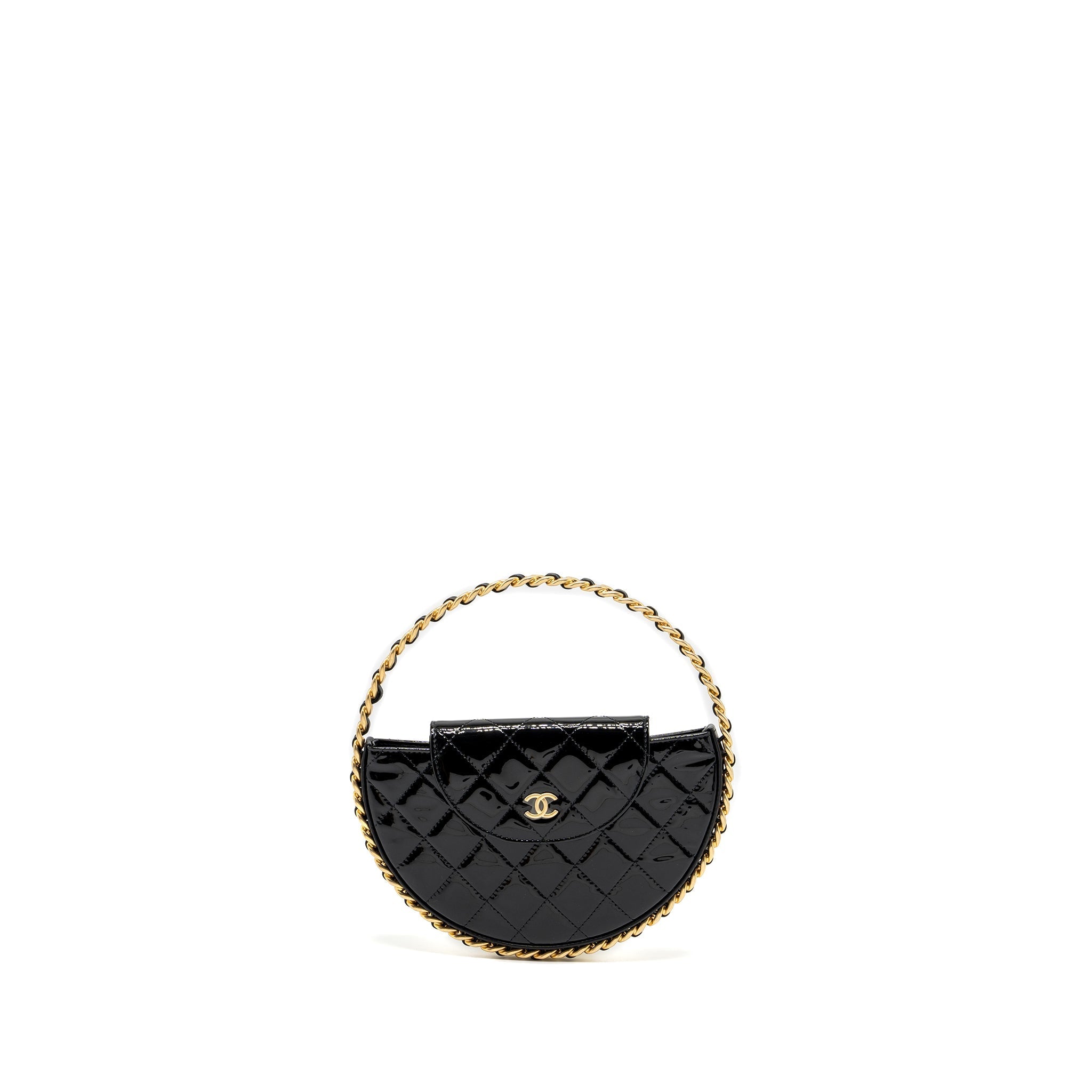 CHANEL 23K HOOP BAG PATENT LEATHER BLACK GHW (MICROCHIP)