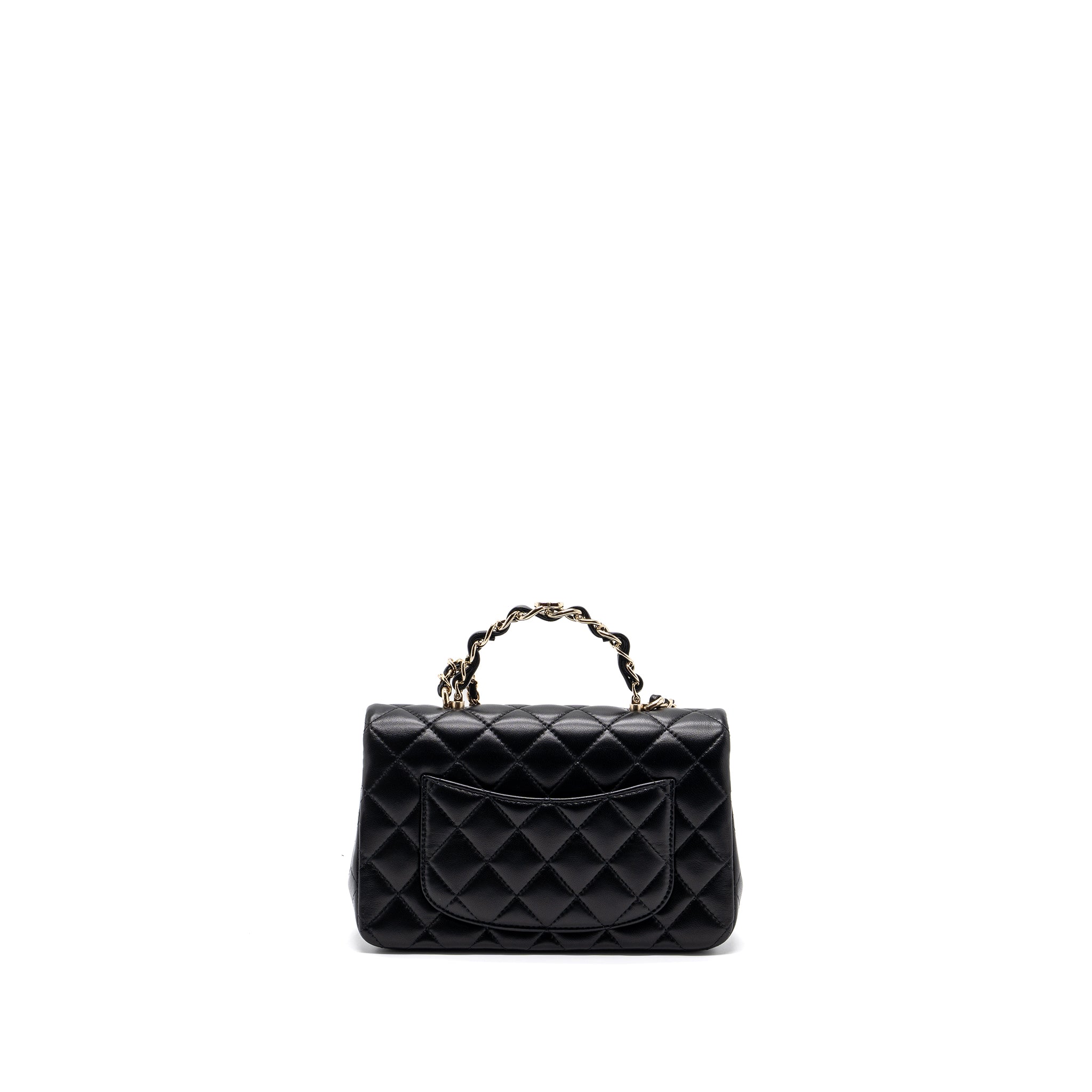 CHANEL 23K LEATHER CHAIN TOP HANDLE MINI RECTANGULAR FLAP BAG LAMBSKIN BLACK LGHW (MICROCHIP)