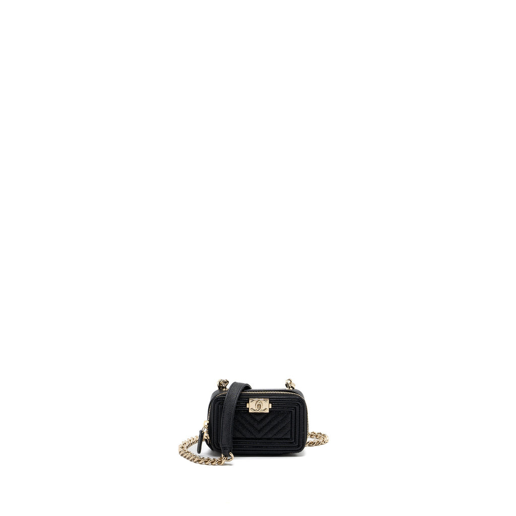 CHANEL BOY ZIPPER CARD HOLDER WITH CHAIN CAVIAR BLACK LGHW