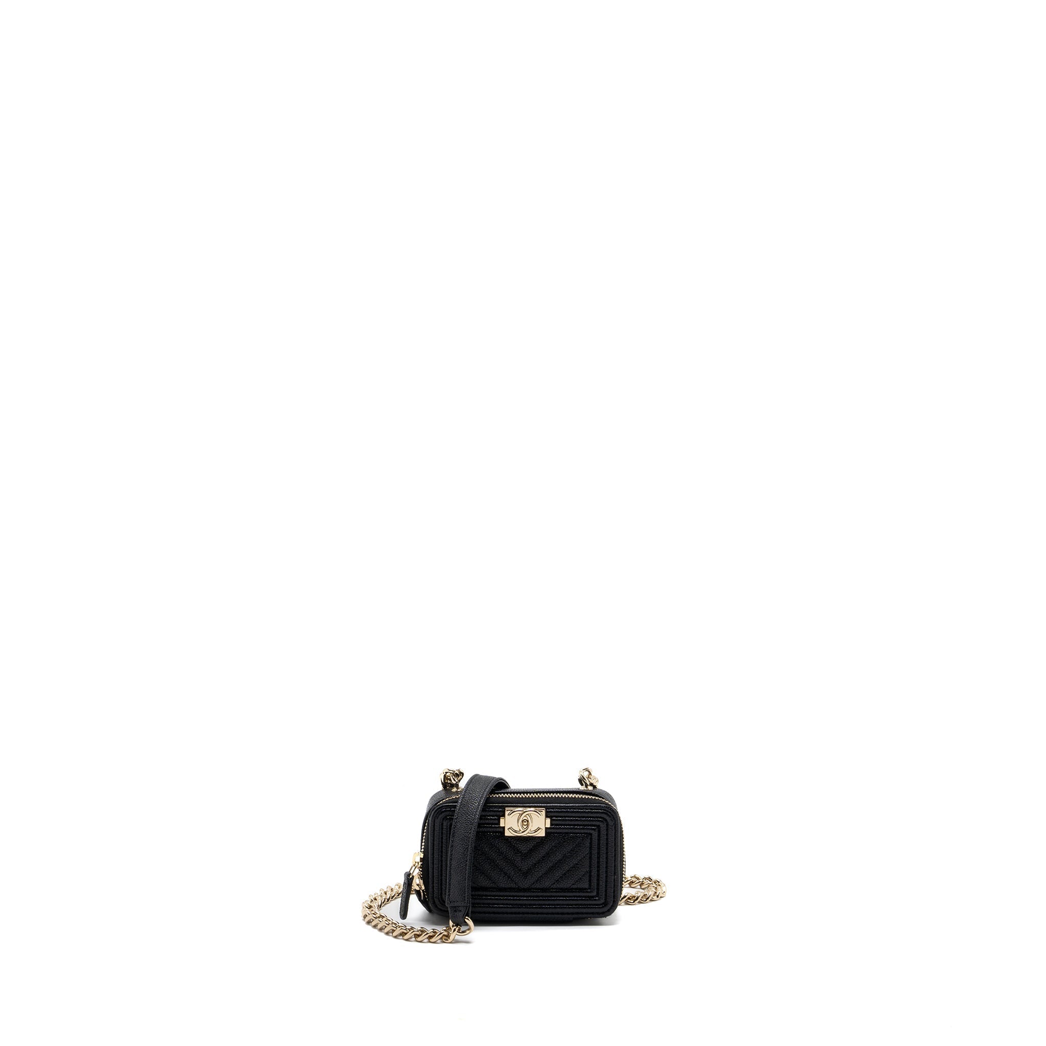 CHANEL BOY ZIPPER CARD HOLDER WITH CHAIN CAVIAR BLACK LGHW