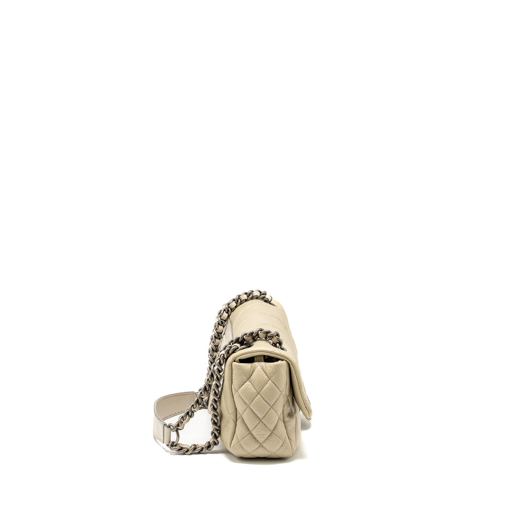 CHANEL QUILTED FLAP SHOULDER BAG CAVIAR LIGHT BEIGE RUTHENIUM SHW