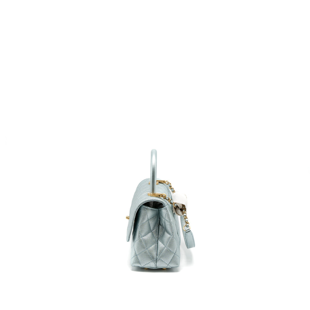 CHANEL SMALL COCO HANDLE CAVIAR METALLIC LIGHT BLUE BRUSHED GHW (MICROCHIP)