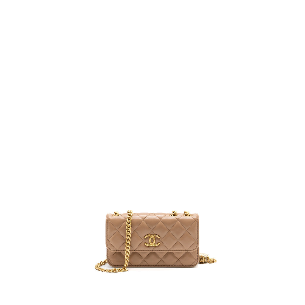 CHANEL 22K GOLD PILLAR MINI FLAP BAG LAMBSKIN DARK BEIGE GHW (MICROCHIP)