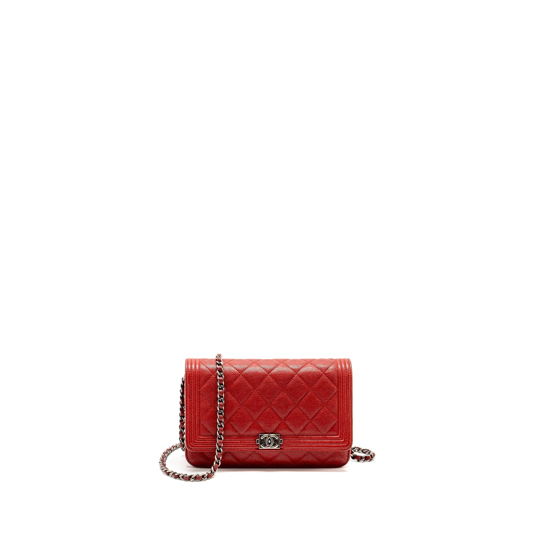 CHANEL BOY WALLET ON CHAIN CAVIAR RED RUTHENIUM SILVER HARDWARE
