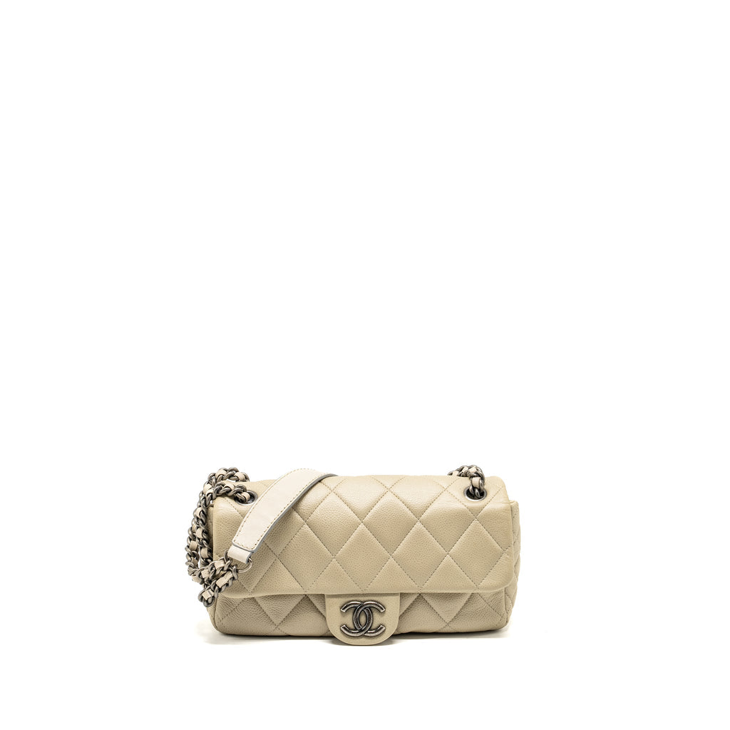 CHANEL QUILTED FLAP SHOULDER BAG CAVIAR LIGHT BEIGE RUTHENIUM SHW