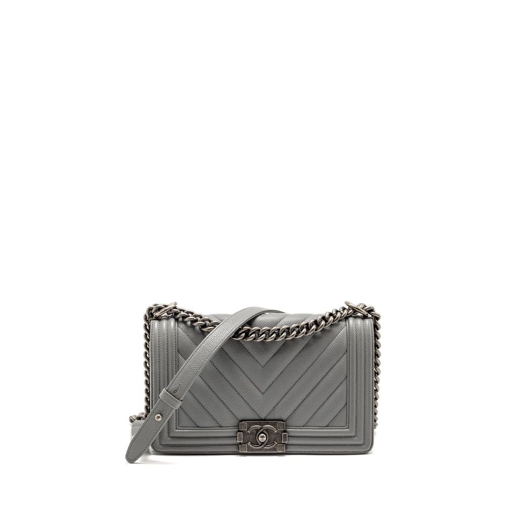 CHANEL MEDIUM BOY BAG CHEVRON CAVIAR GREY RUTHENIUM SILVER HARDWARE