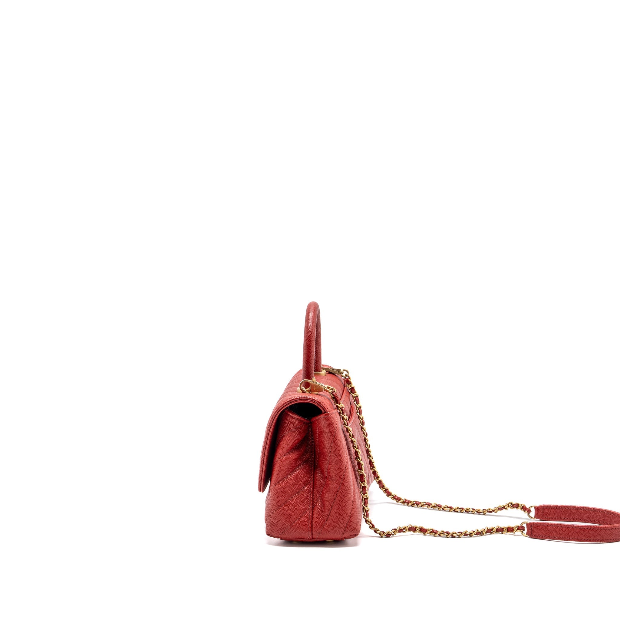 CHANEL SMALL COCO HANDLE CHEVRON CAVIAR RED BRUSHED GHW