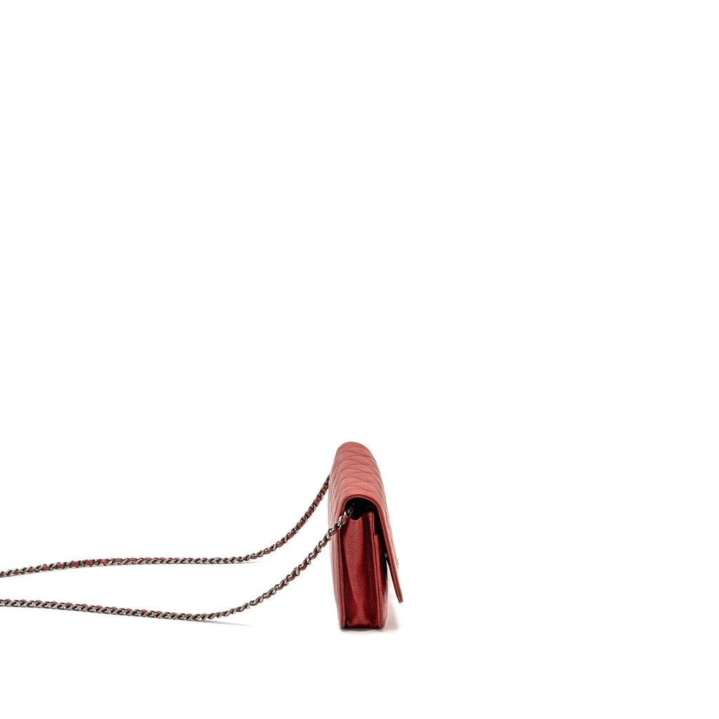 CHANEL BOY WALLET ON CHAIN CAVIAR RED RUTHENIUM SILVER HARDWARE